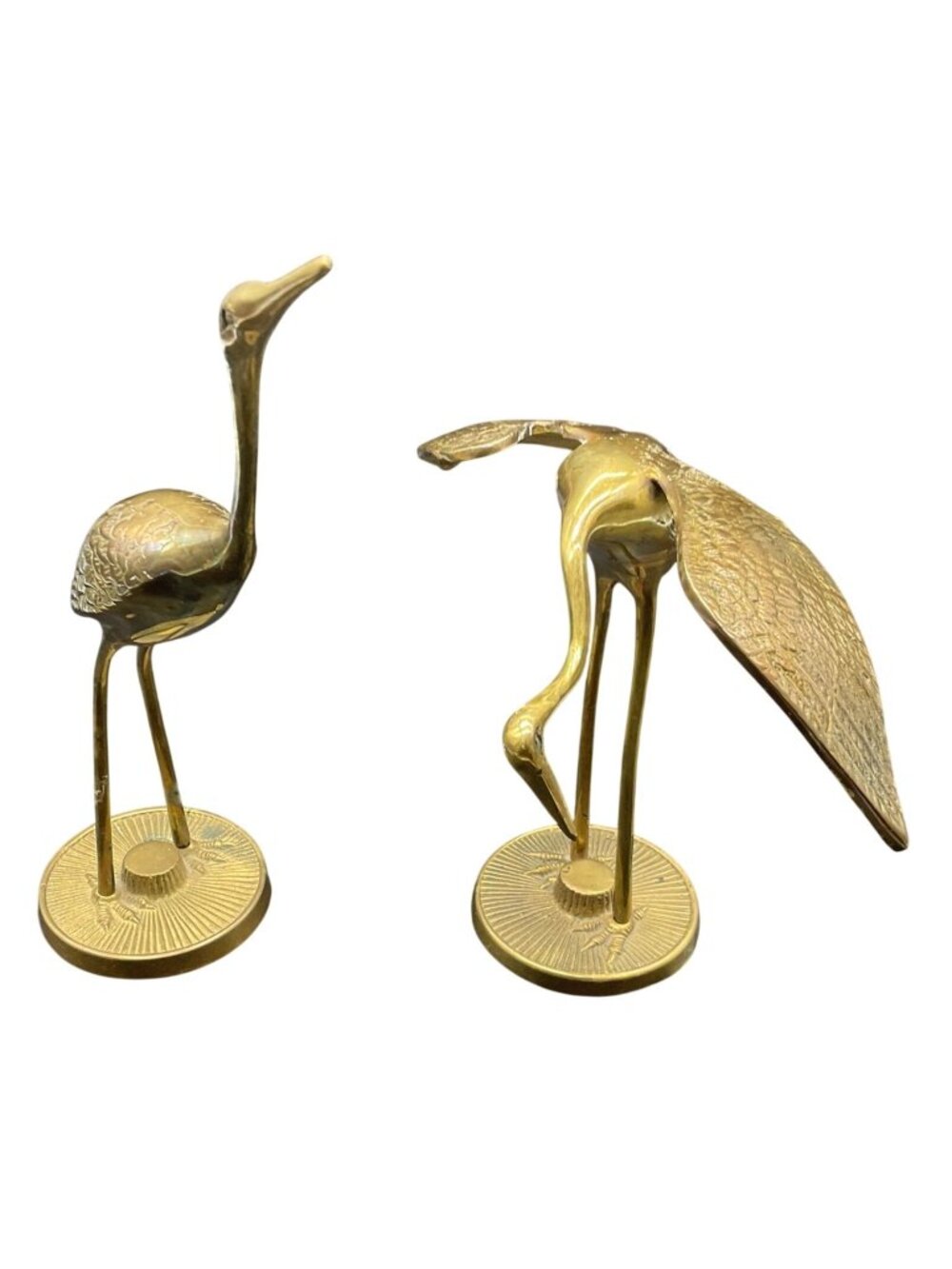 Brass Bird Figurines Pair Mid Century Modern Heron Crane Sculptures 10"H 8"H